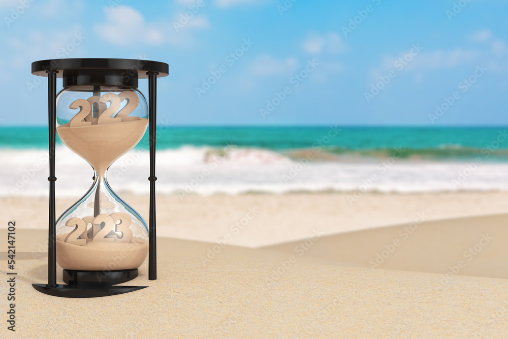 Aufkleber 2023 New Year Vacation Concept.  Sand Falling in Hourglass Taking the Shape from 2022 to 2023 year on an Ocean Deserted Coast. 3d Rendering