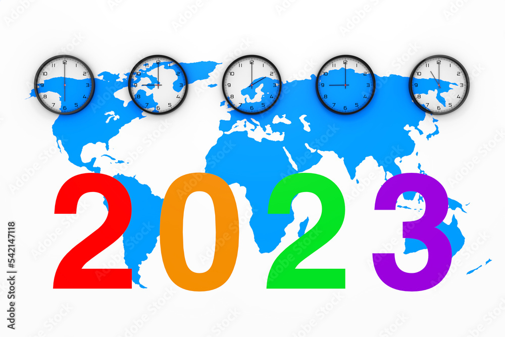 Poster Set of Clocks with Different World Time, Blue World Map and New 2023 Year Sign. 3d Rendering