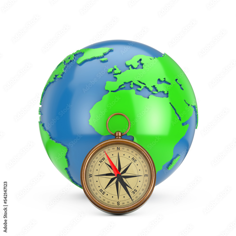 Poster earth globe and glossy bronze vintage compass with windrose. 3d rendering
