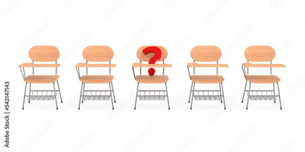 Aufkleber Row of Wooden Lecture School or College Desk Table with Chair and one with Red Question Mark. 3d Rendering