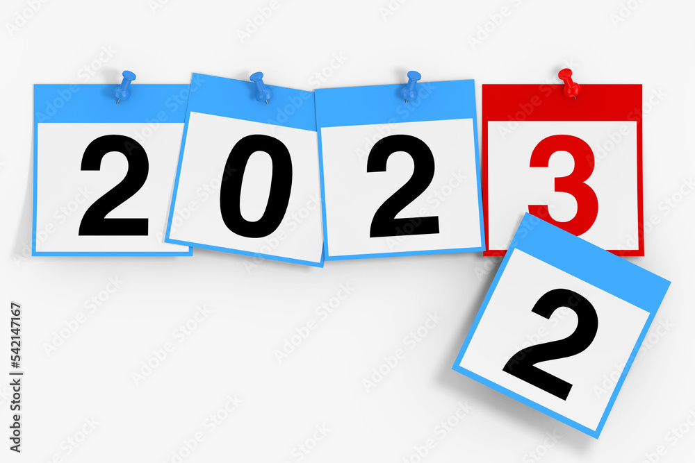 Poster new 2023 year start concept. calendar sheets with 2023 new year sign. 3d rendering