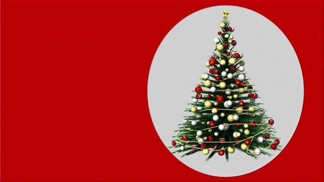 Filmato. Illustrazione 3D. Albero di Natale a comparsa su grafica a sfondo rosso con comparsa di spazio bianco e spazio per testo o logo personalizzato.