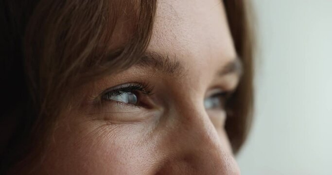 Side profile close up view upper face of young 35s attractive woman staring into distance. Daydreaming, aspirations, eyes vision check up clinic services, lenses, eyesight laser correction ad concept