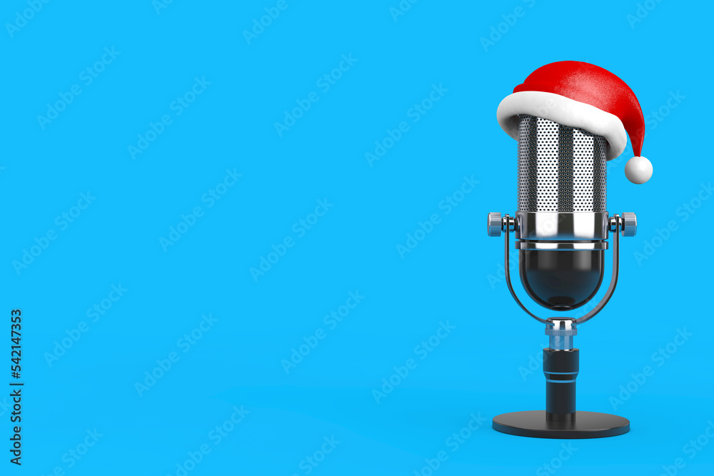 Poster vintage microphone with santa claus red hat. 3d rendering