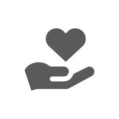 Hand and heart black vector icon. Charity help or volunteer filled symbol.