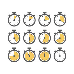 Timer or stopwatch with minutes scale icon set. Chronometer for time, clock symbol set.