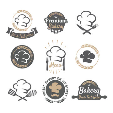 Bakery logo with rolling pin for restaurant. Vector food branding identity with wheat.