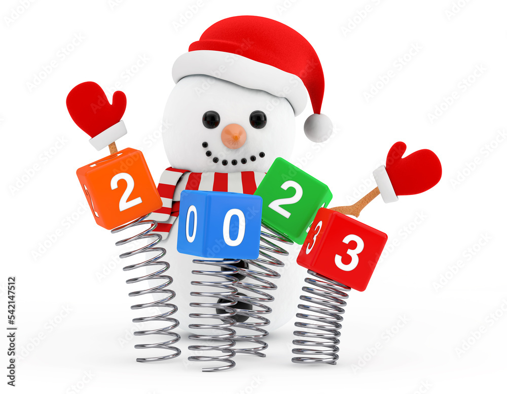 Aufkleber new year concept. snowman near christmas spring cubes with 2023 new year sign. 3d rendering