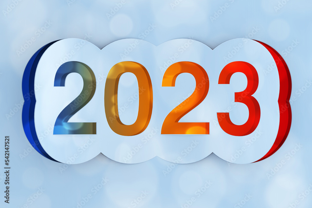 Poster 2023 happy new year sign cut from paper. 3d rendering