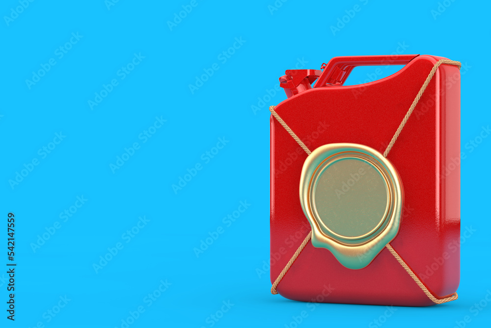 Poster red metal jerrycan with golden wax seal with free space for your design. 3d rendering