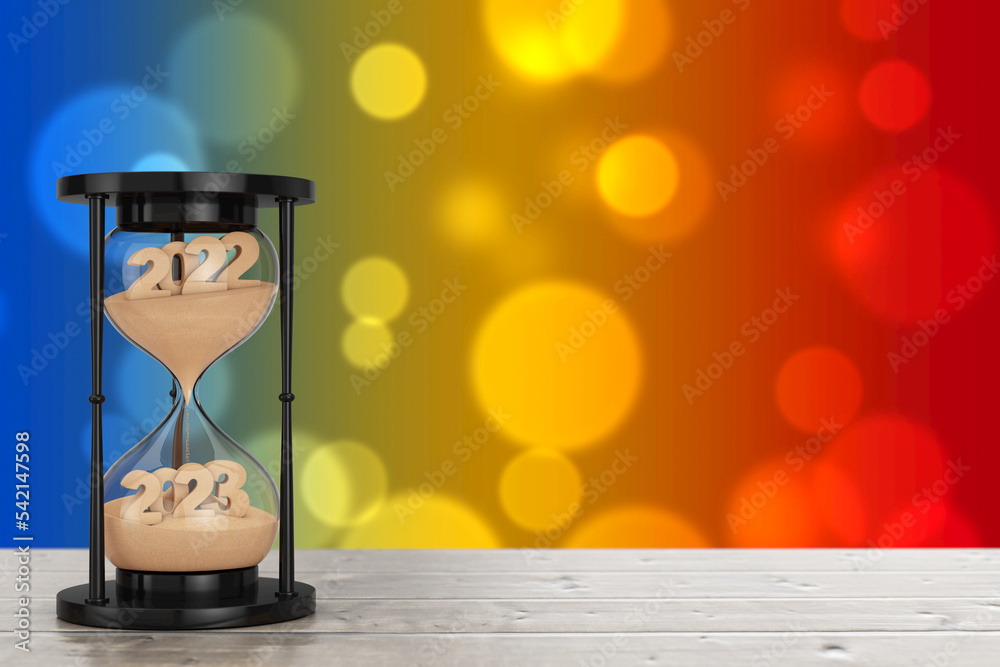 Poster New 2023 Year Concept. Sand Falling in Hourglass Taking the Shape from 2022 to 2023 year. 3d Rendering