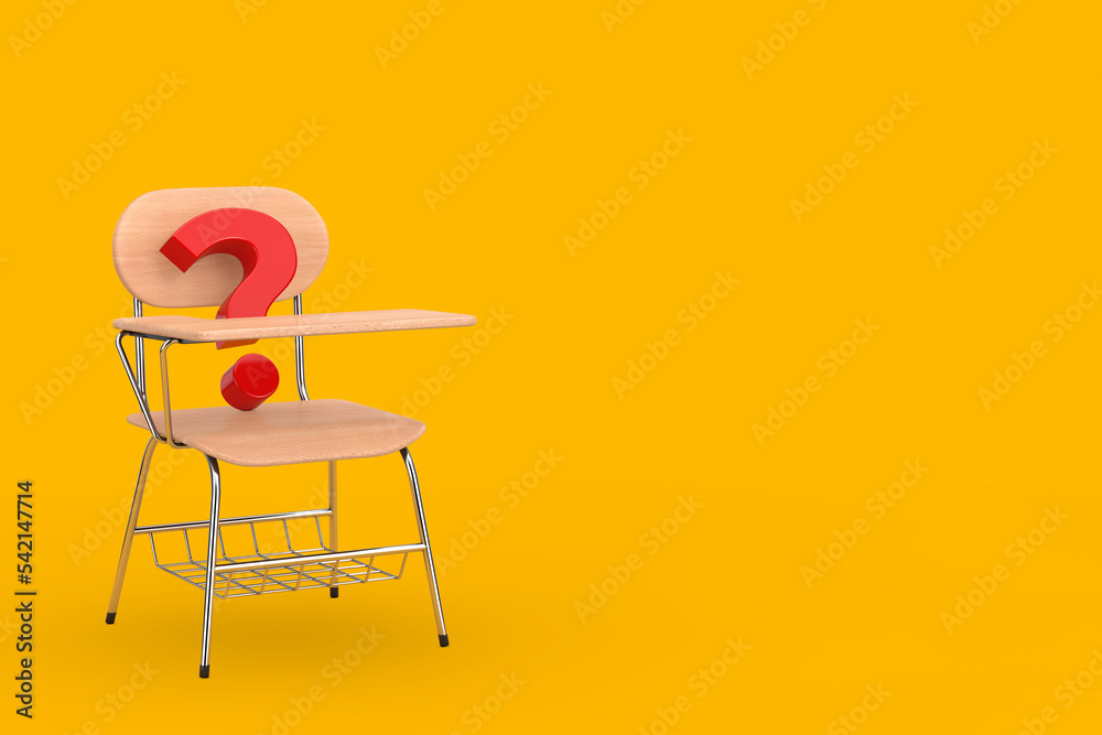 Aufkleber Red Question Mark and Wooden Lecture School or College Desk Table with Chair. 3d Rendering