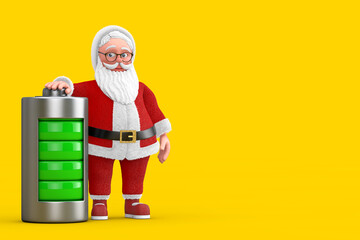 Cartoon Cheerful Santa Claus Granpa with Abstract Charging Battery. 3d Rendering