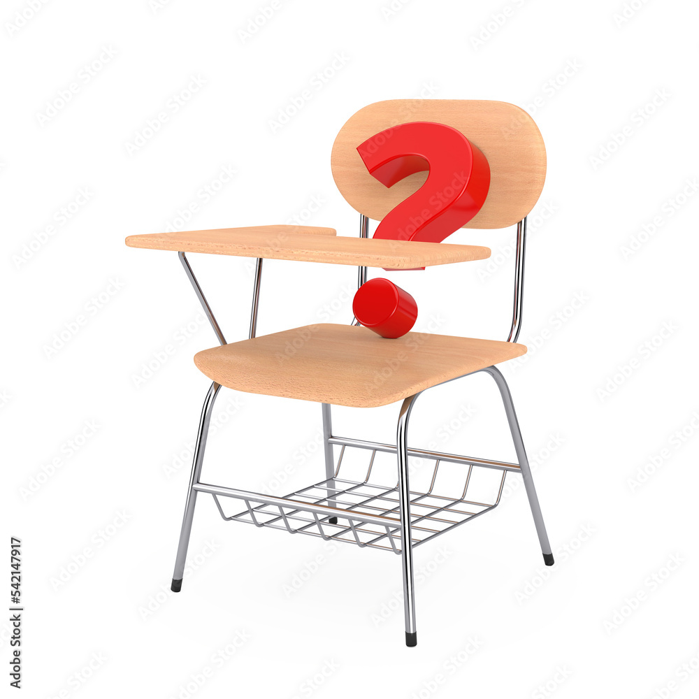 Aufkleber Red Question Mark and Wooden Lecture School or College Desk Table with Chair. 3d Rendering