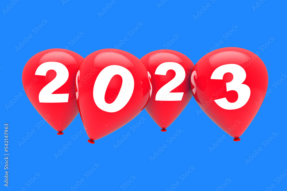 Poster new year concept. red christmas balloons with 2023 sign. 3d rendering