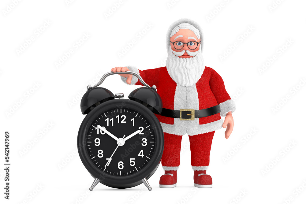Poster cartoon cheerful santa claus granpa with alarm clock. 3d rendering