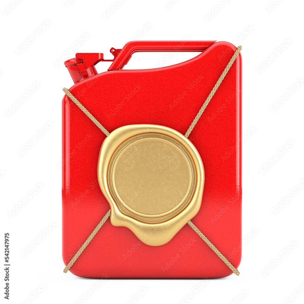 Poster red metal jerrycan with golden wax seal with free space for your design. 3d rendering