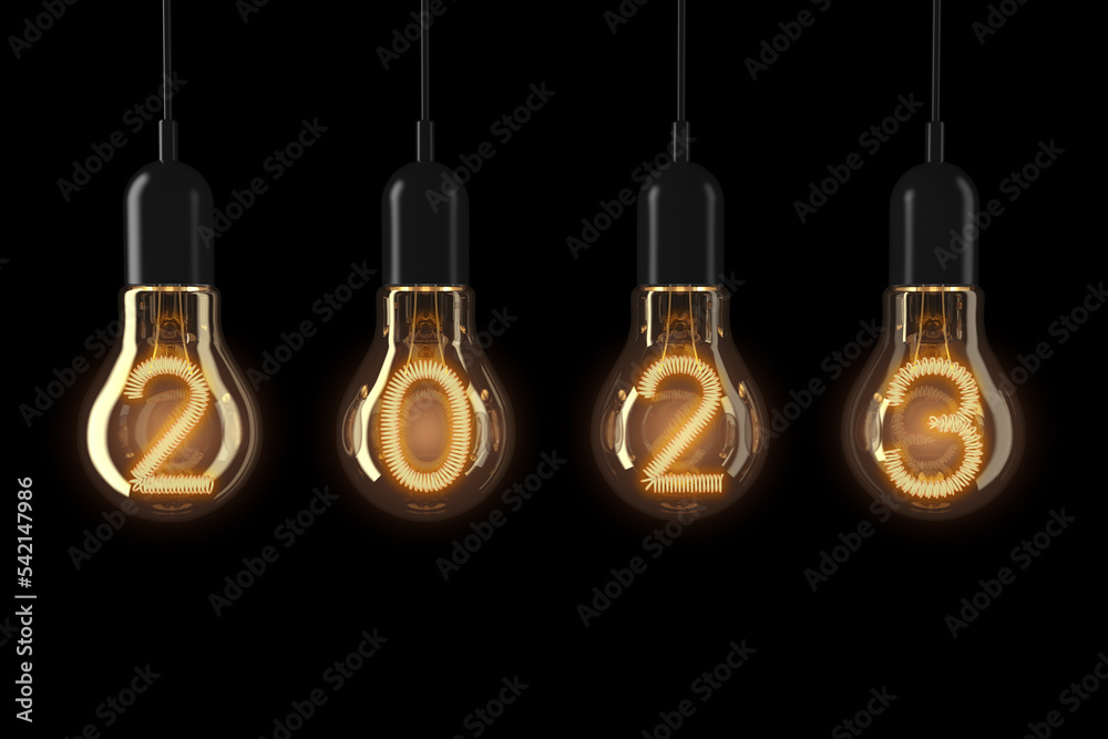Poster Light Bulbs Illuminated 2023 New Year. 3d Rendering