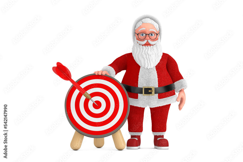 Fototapete cartoon cheerful santa claus granpa with archery target and dart in center. 3d rendering