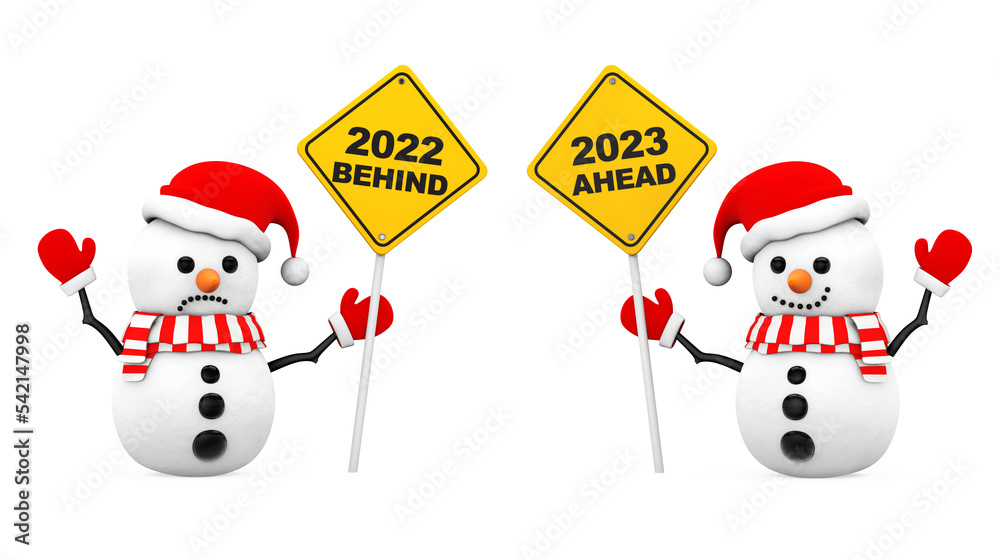 Aufkleber snowmans with 2023 and 2022 year signs. 3d rendering