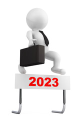 3d Businessman jump over the 2023 Year Barrier. 3d Rendering