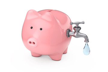 Water Saving Concept. Piggy Bank with Water Tap and Water Drop. 3d Rendering