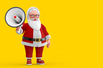 Cartoon Cheerful Santa Claus Granpa with Red Retro Megaphone. 3d Rendering