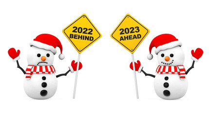 Snowmans with 2023 and 2022 Year Signs. 3d Rendering