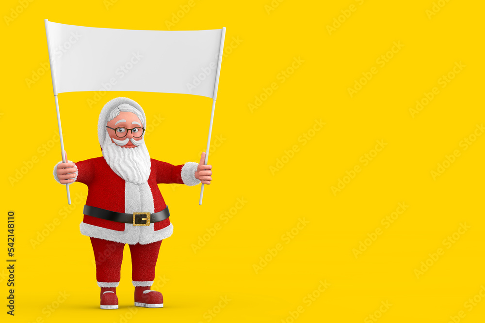 Poster Cartoon Cheerful Santa Claus Granpa and Empty White Blank Banner with Free Space for Your Design. 3d Rendering
