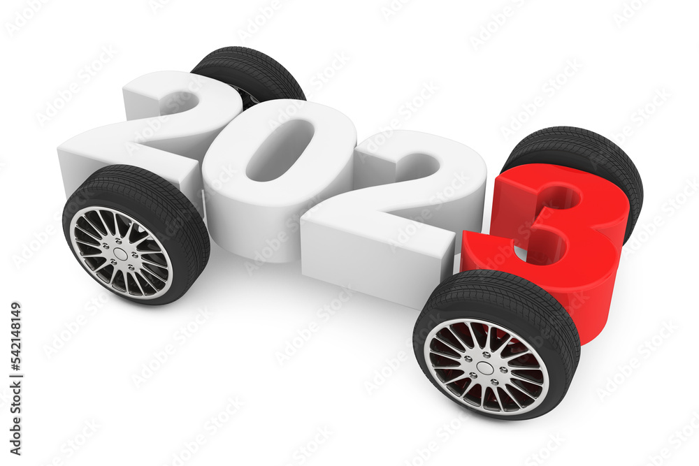 Poster 2023 Year Concept with Car Wheels. 3d Rendering
