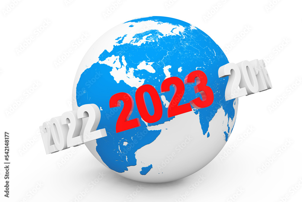 Poster New Year Concept. 3d number 2023 around Earth Globe. 3d Rendering