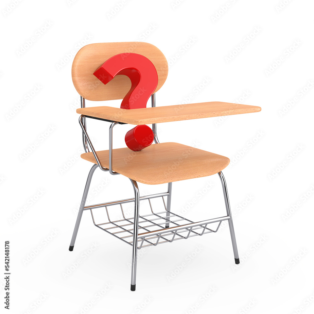 Aufkleber Red Question Mark and Wooden Lecture School or College Desk Table with Chair. 3d Rendering