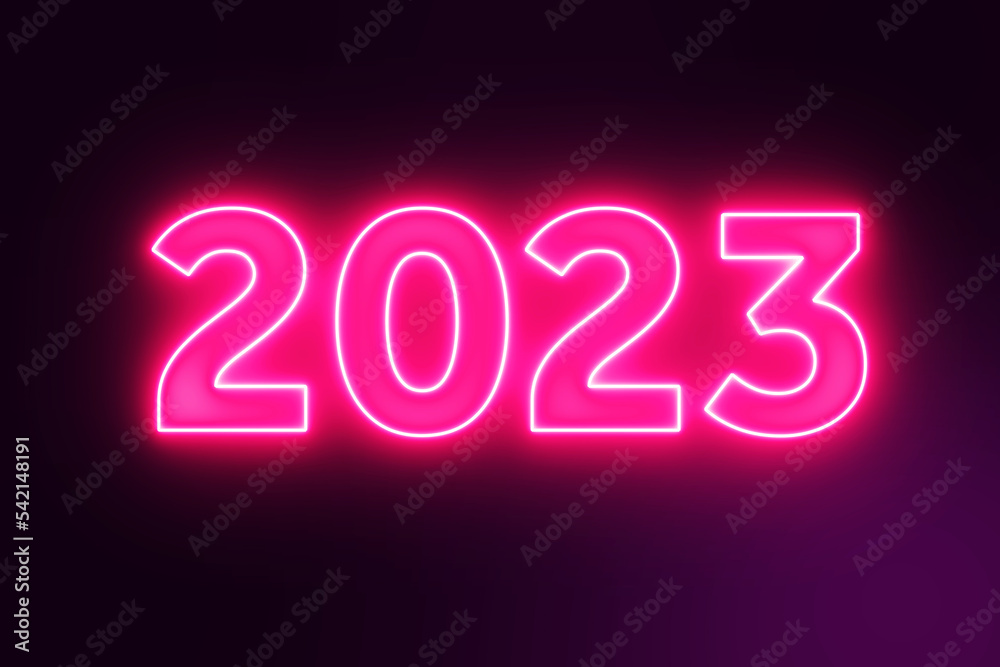 Poster 2023 New Year Neon Text Closeup. 3d Rendering
