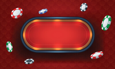 Poker table with red cloth on red background and flying poker chips. Realistic vector illustration.
