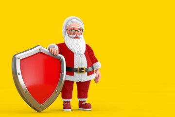 Cartoon Cheerful Santa Claus Granpa with Red Metal Protection Shield. 3d Rendering