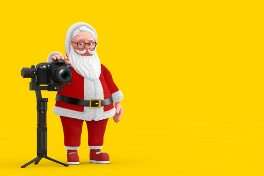 Cartoon Cheerful Santa Claus Granpa with DSLR or Video Camera Gimbal Stabilization Tripod System. 3d Rendering