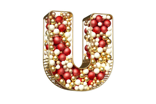 Christmas balls font. Nice letter U formed by a mix of golden, red and white baubles floating in a golden tubular structure. High quality 3D rendering.