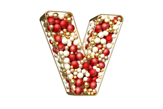 Creative font made of red, gold and white baubles, isolated letter V suitable for celebration and winter festive designs. High definition 3D rendering.