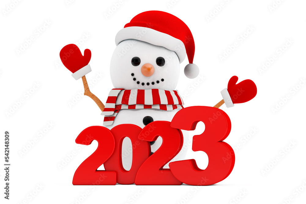 Poster snowman in santa claus hat character mascot with new year 2023 sign. 3d rendering