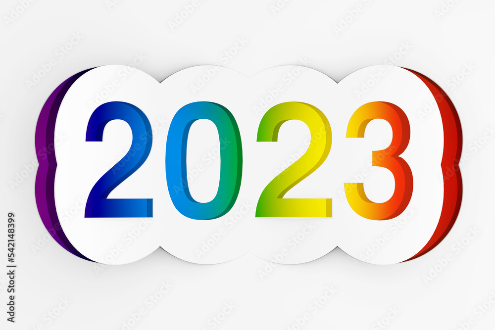 Poster 2023 happy new year sign cut from paper. 3d rendering