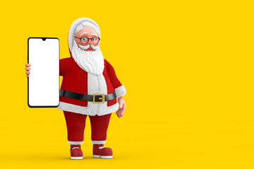 Fototapeta na wymiar Cartoon Cheerful Santa Claus Granpa and Modern Mobile Phone with Blank Screen for Your Design. 3d Rendering