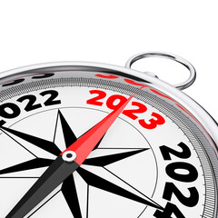 Direction to New 2023 Year Conceptual Compass Closeup. 3d Rendering