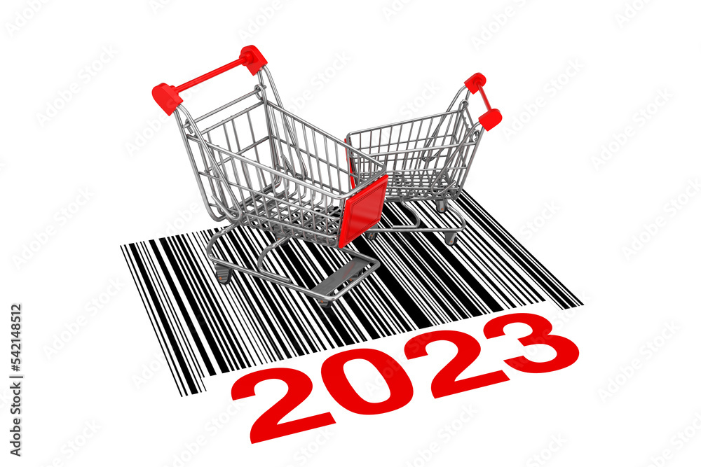 Fototapete Two Empty Shopping Carts over Abstract Bar Code with New 2023 Year Sign. 3d Rendering