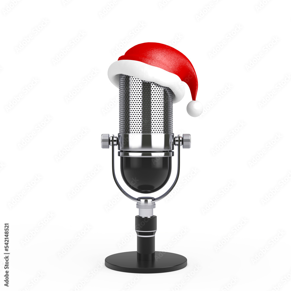 Poster vintage microphone with santa claus red hat. 3d rendering