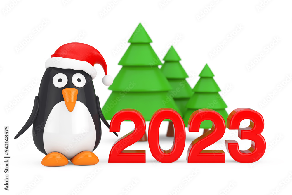 Poster green trees and cartoon penguin character with santa hat near 2023 new year sign. 3d rendering