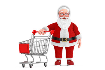 Cartoon Cheerful Santa Claus Granpa with Shopping Cart Trolley. 3d Rendering