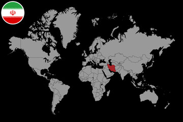Pin map with Iran flag on world map. Vector illustration.