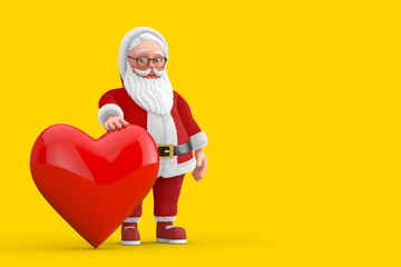 Cartoon Cheerful Santa Claus Granpa with Red Heart. 3d Rendering