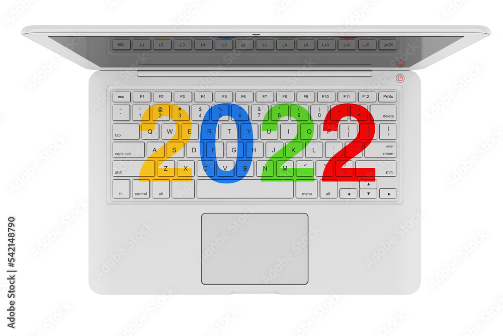 Poster white laptop with 2023 new year sign. 3d rendering