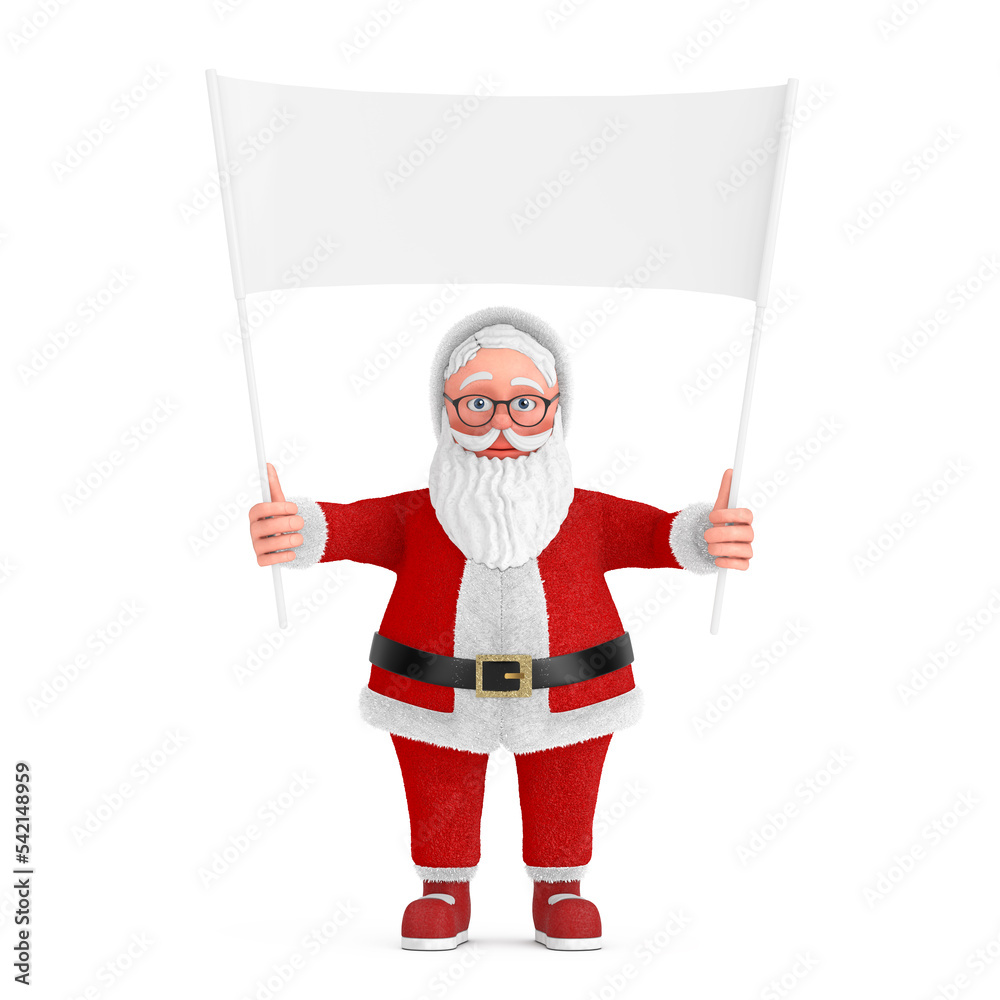 Poster cartoon cheerful santa claus granpa and empty white blank banner with free space for your design. 3d